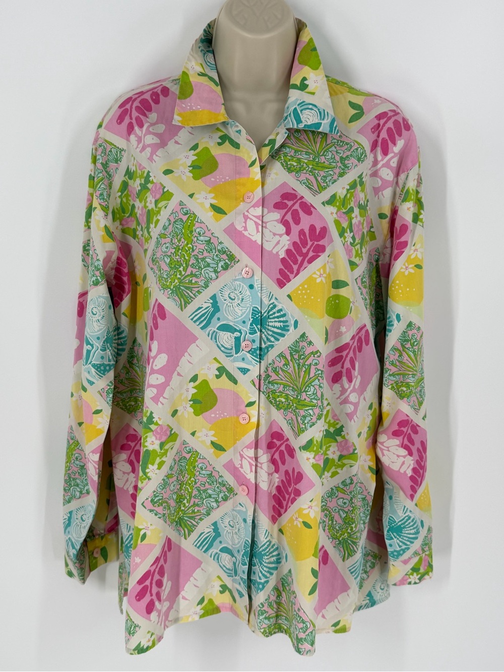 Vintage Lilly Pulitzer Cotton Patchwork Tropical Print Button Front Shirt M - Picture 6 of 15
